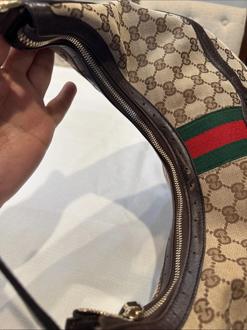Authentic Gucci Beige GG Canvas Hobo with Red and Green Web Stripe